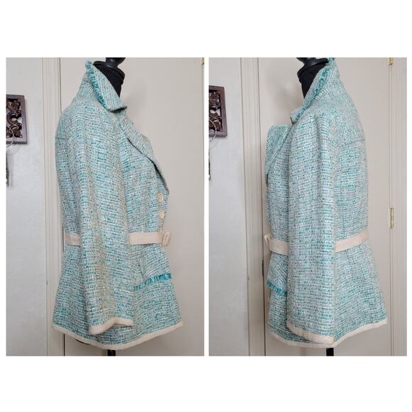 VTG Nanette Lepore Tweed 3/4 Sleeve Turquoise Fringe Jacket Blazer Belt Y2K✨️12 - Picture 6 of 16